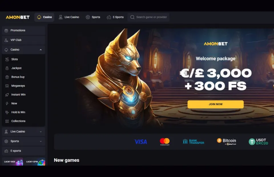 AmunBet desktop casino lobby and welcome interface preview for the AmunBet review
