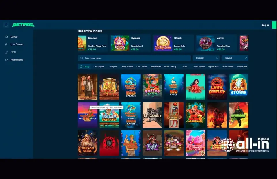Betmac desktop casino lobby and game categories preview for the Betmac review