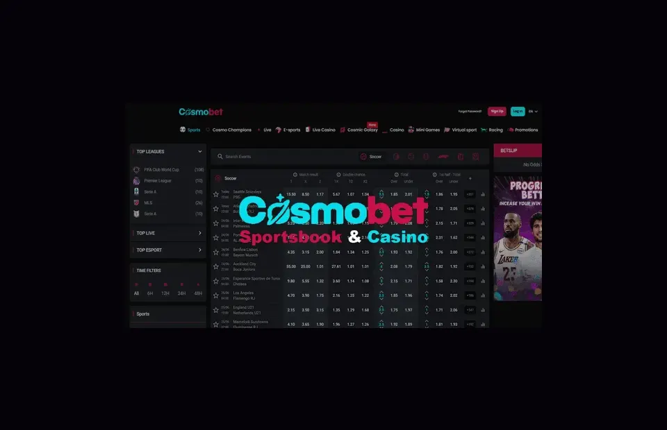 Cosmobet desktop sportsbook and casino homepage preview for the Cosmobet review