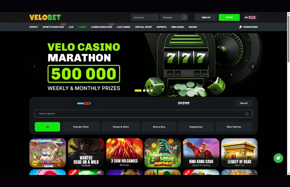 Velobet desktop casino lobby and game filters preview for the Velobet review