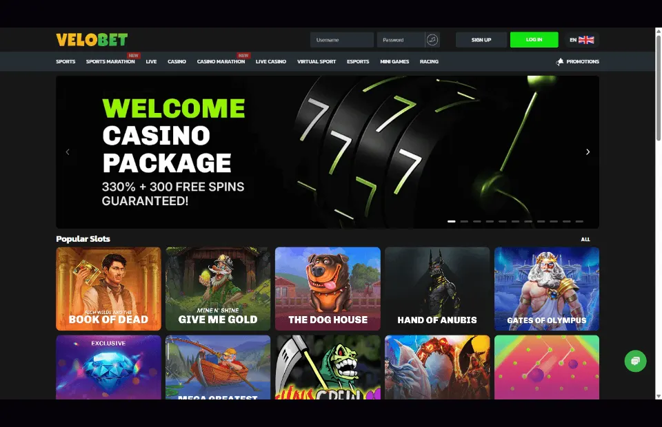 Velobet desktop casino homepage and popular slots preview for the Velobet review