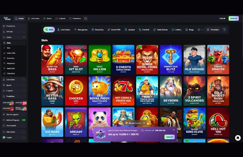 WinPlace desktop casino lobby and game categories preview for the WinPlace review