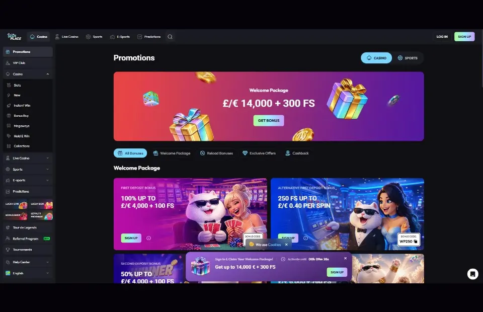 WinPlace desktop promotion page and welcome offers preview for the WinPlace review