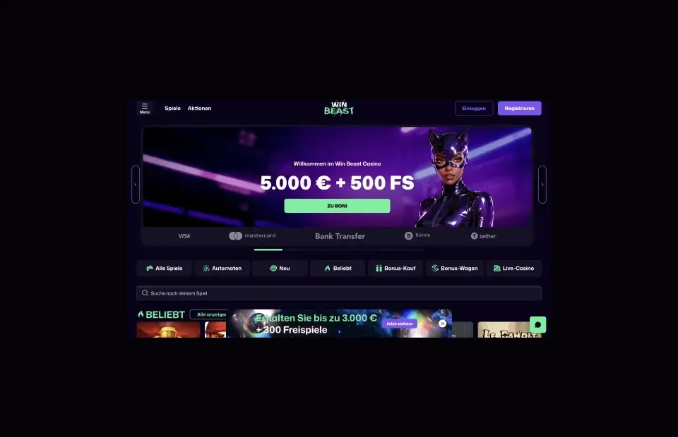 WinBeast desktop casino lobby and featured games preview for the WinBeast review