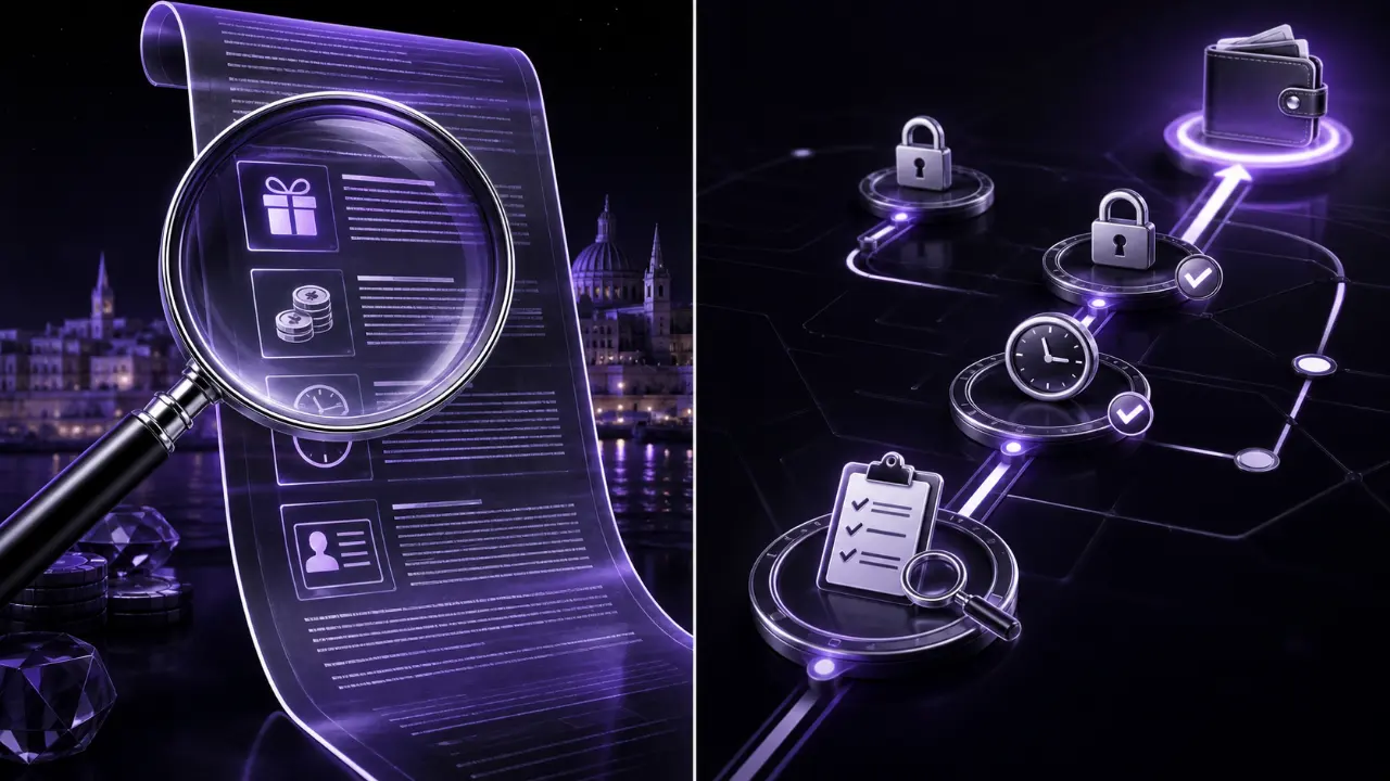 Malta casino terms featured illustration in the purple and black MGA Casinos visual style