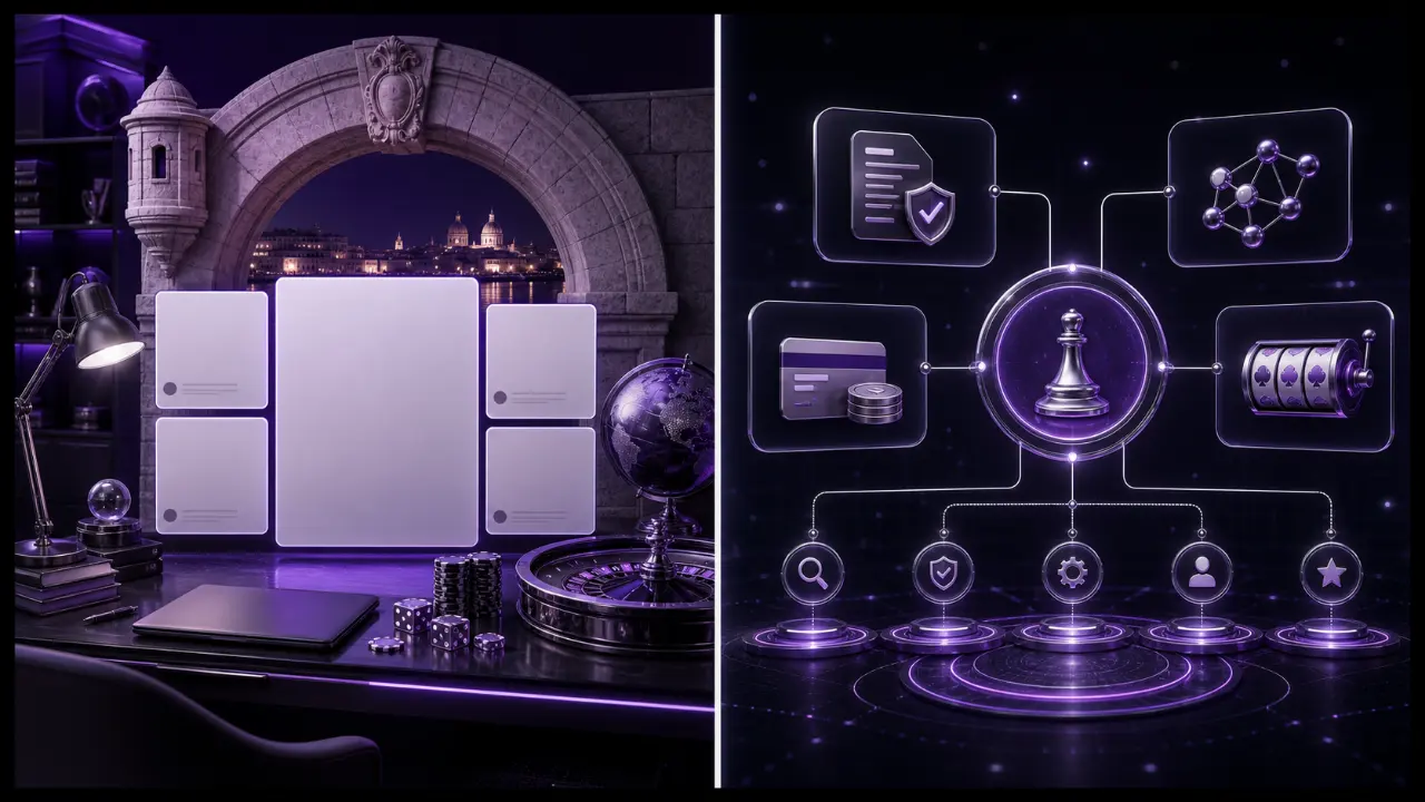 Malta casino blog featured illustration in the purple and black MGA Casinos visual style