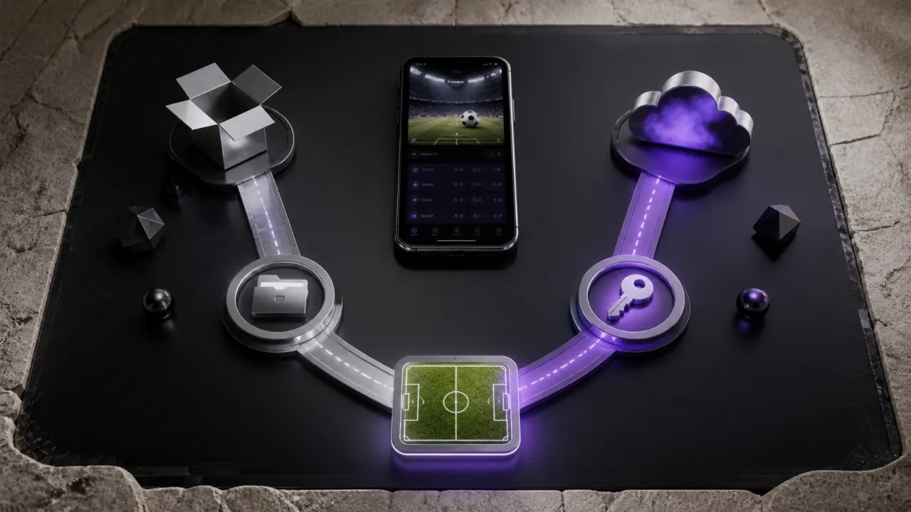 App download and browser access routes meeting at a mobile football interface
