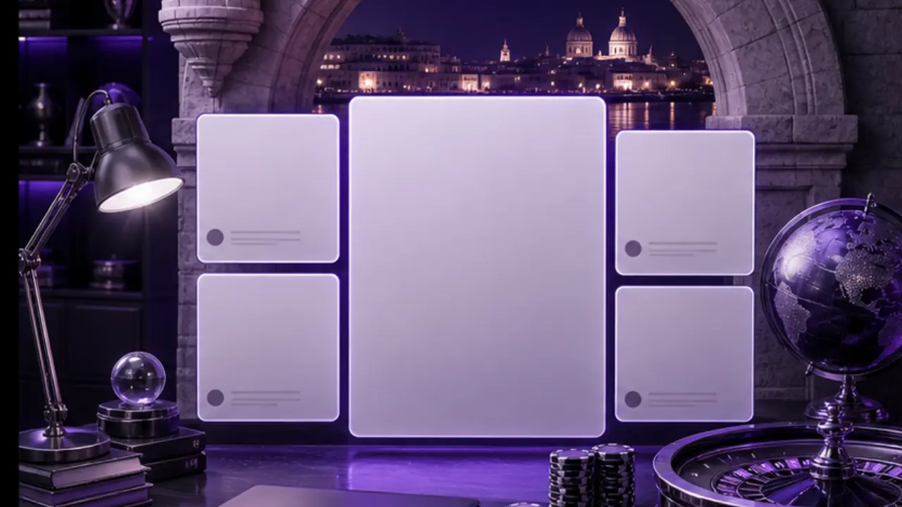 Malta casino blog comparison dashboard in the purple and black MGA Casinos visual style