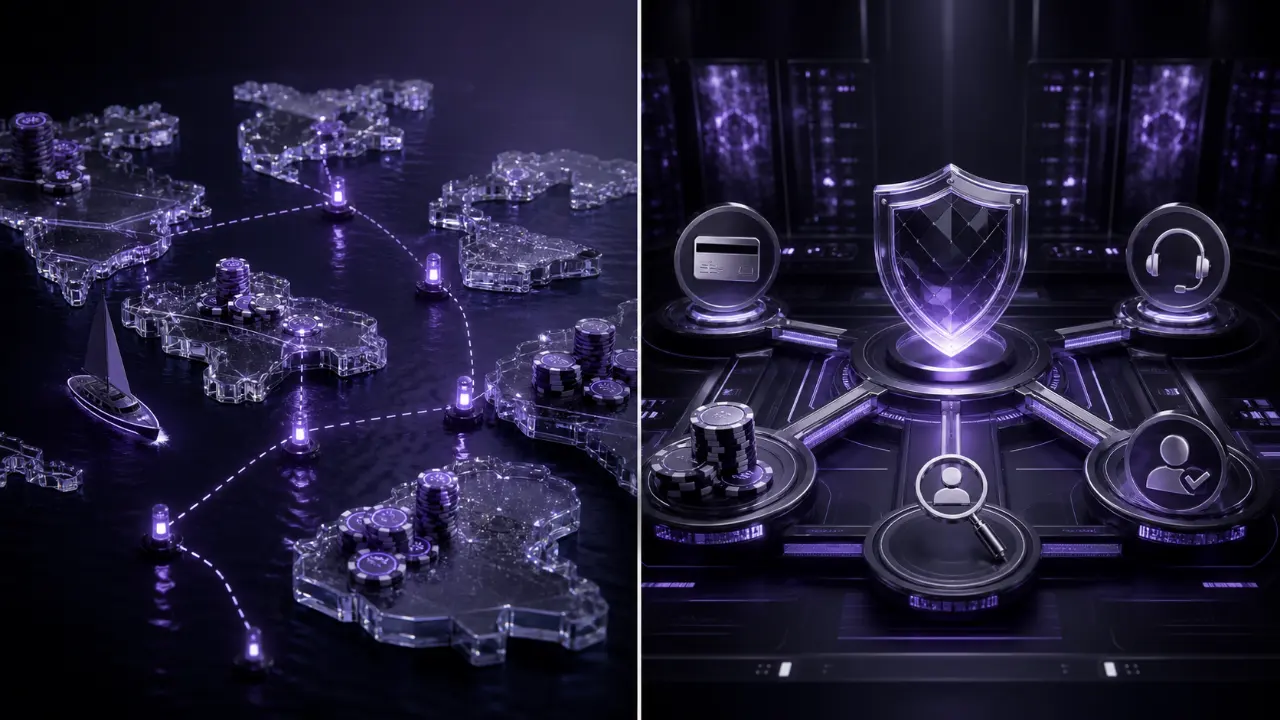 Offshore and Malta casinos featured illustration in the purple and black MGA Casinos visual style