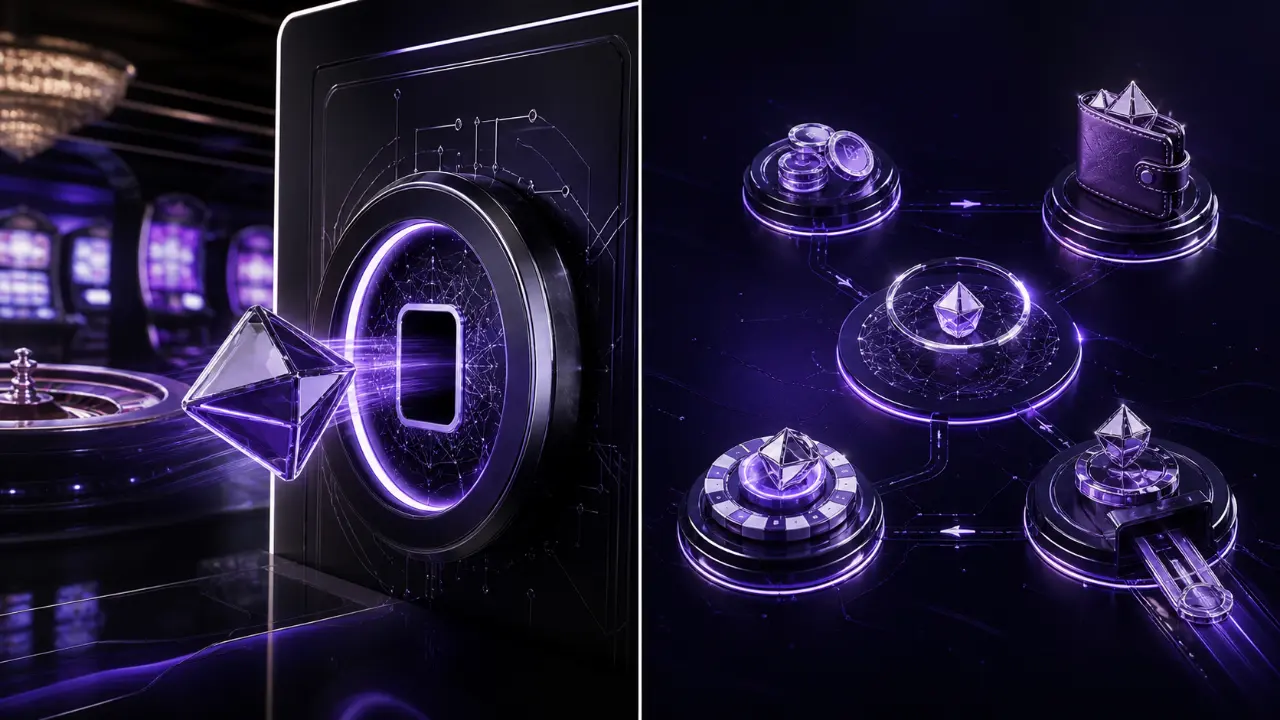 Ethereum casino payments featured illustration in the purple and black MGA Casinos visual style