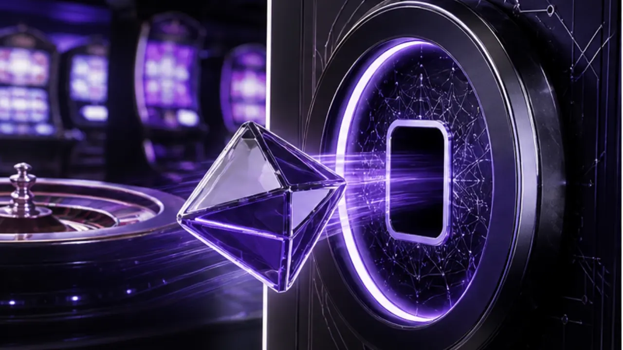 Ethereum casino payments comparison dashboard in the purple and black MGA Casinos visual style