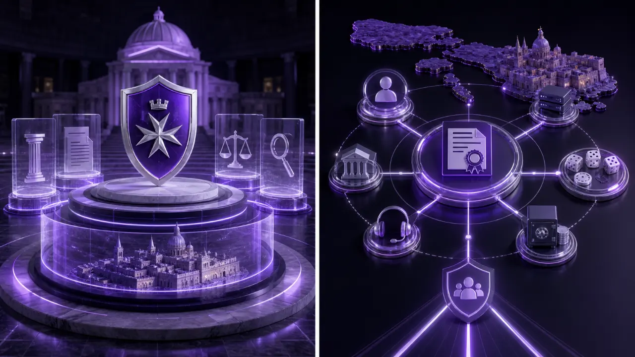 Malta Gaming Authority featured illustration in the purple and black MGA Casinos visual style