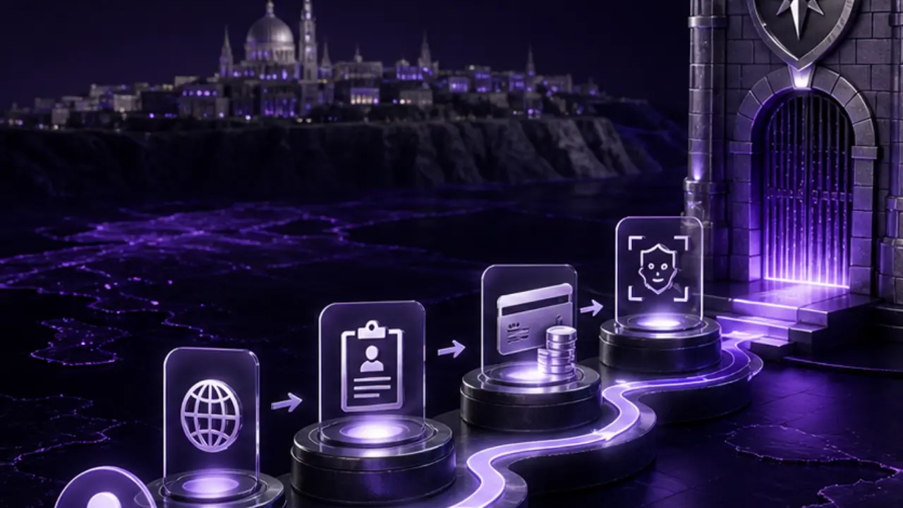 UK player access layers for MGA casinos shown as a purple secure account pathway