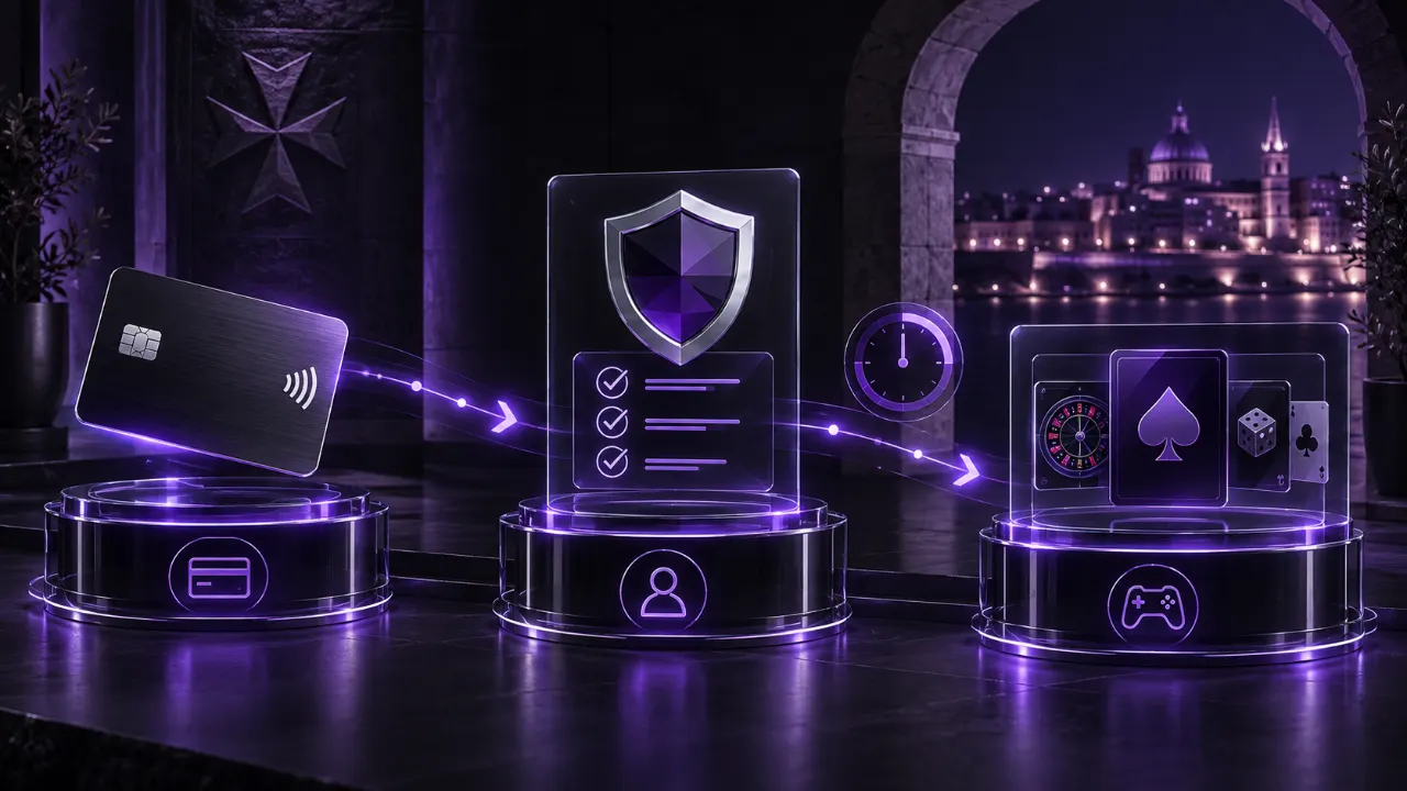 Secure payment card moving through deposit account-check and casino-access stages in the MGA Casinos purple and black style