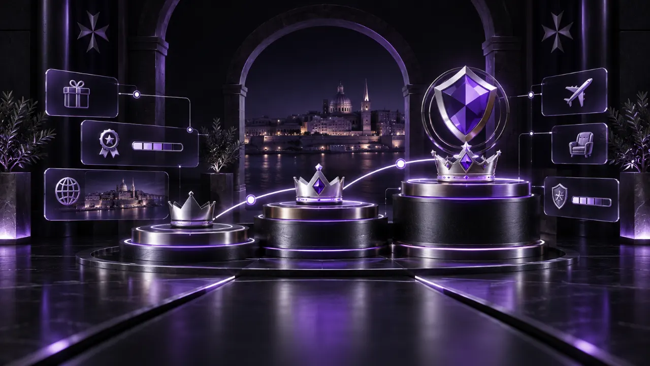 Three tiered VIP programme stages with account progress and reward controls in the MGA Casinos purple and black style