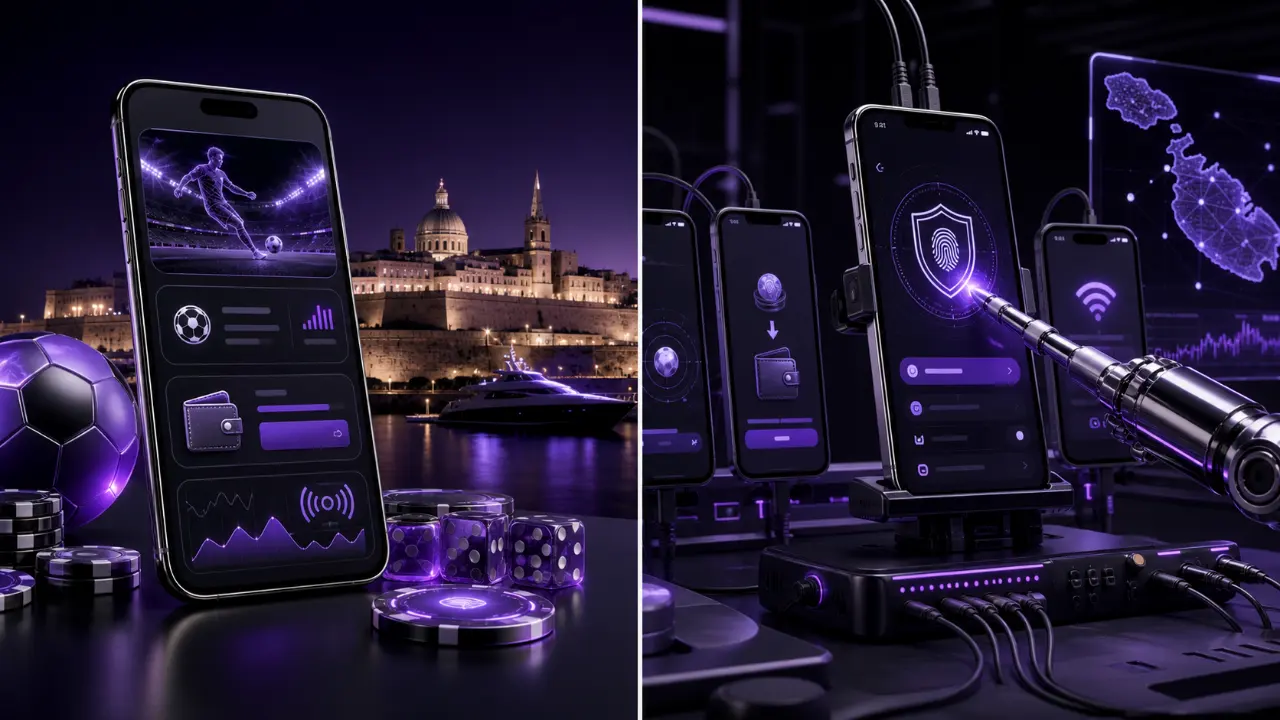 Malta betting apps featured illustration in the purple and black MGA Casinos visual style