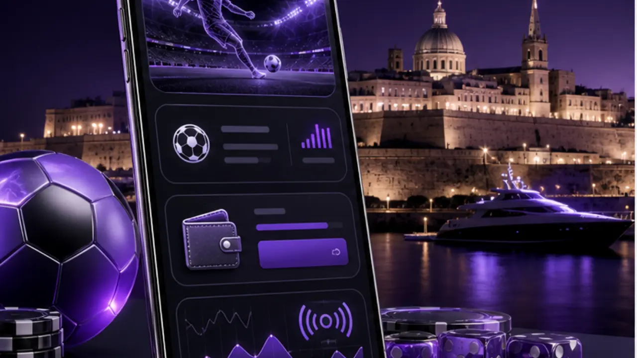 Malta betting apps comparison dashboard in the purple and black MGA Casinos visual style
