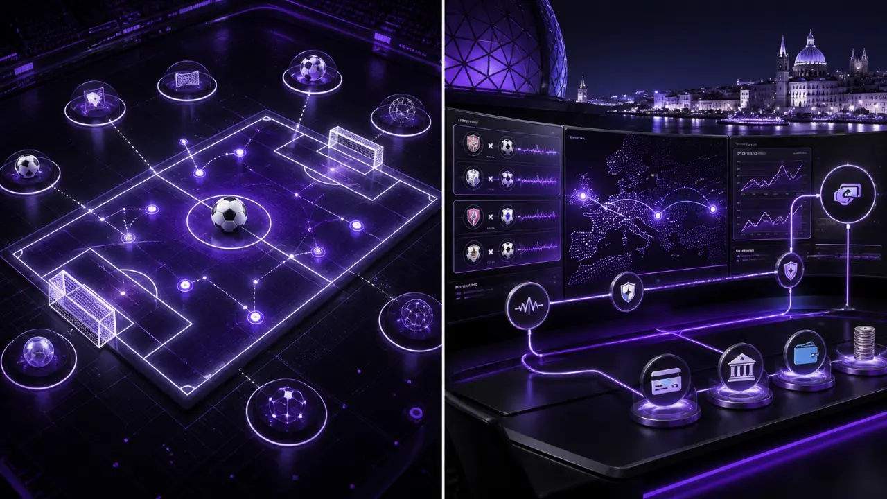 Malta football betting sites featured illustration in the purple and black MGA Casinos visual style