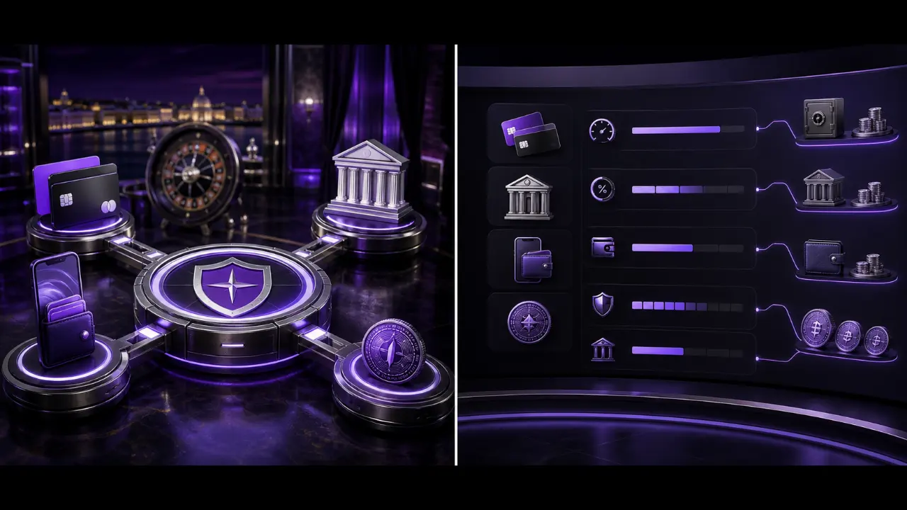 Casino payment methods featured illustration in the purple and black MGA Casinos visual style