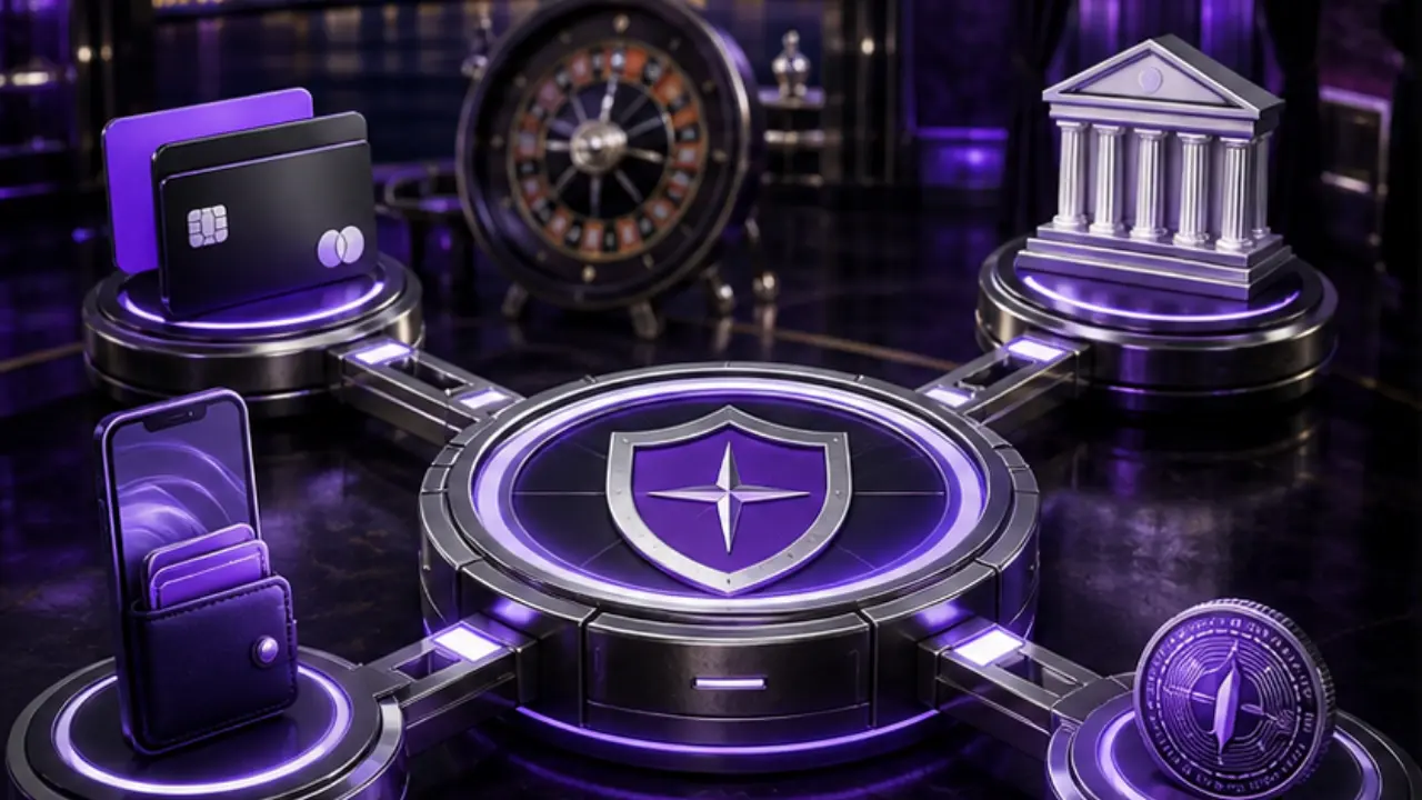 Casino payment methods comparison dashboard in the purple and black MGA Casinos visual style