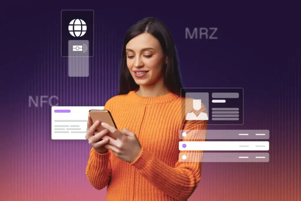 Identity document verification concept in a dark-purple editorial illustration