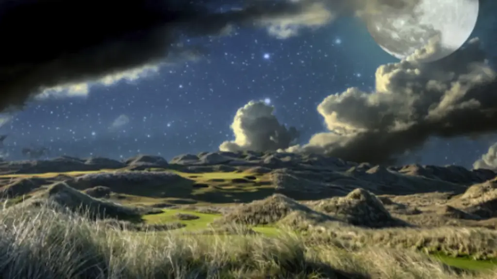 Dark purple editorial illustration evoking a golf tournament atmosphere with clean left-side space