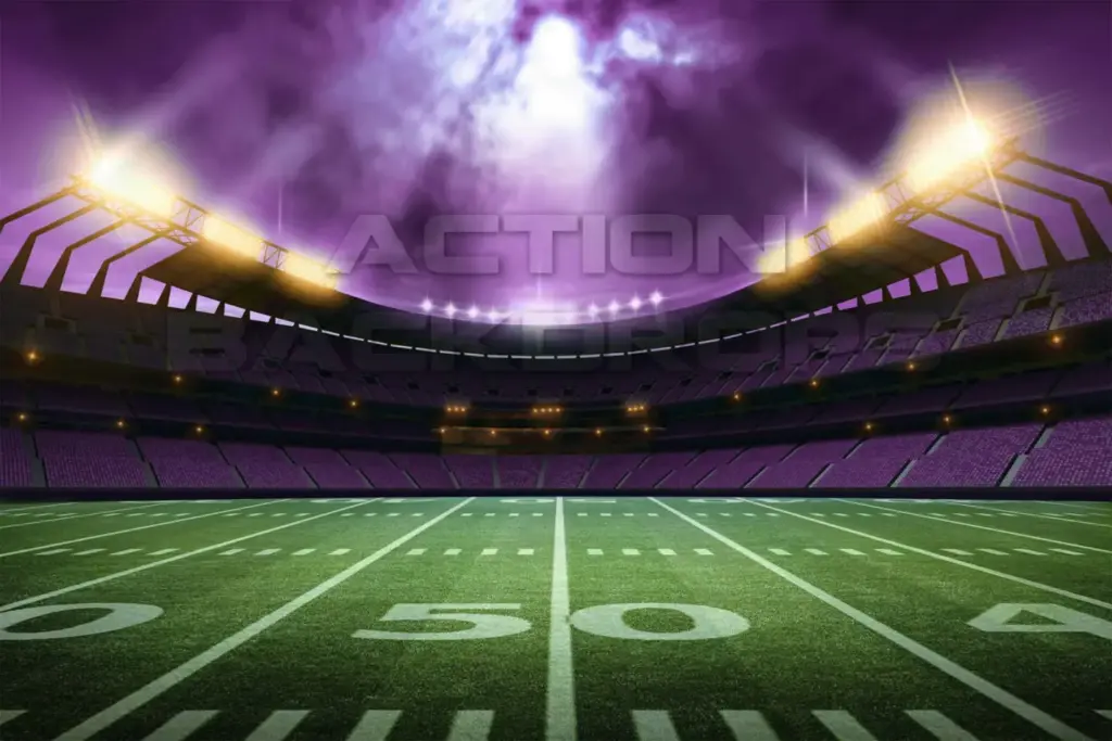 Dark editorial illustration of a rugby ball against deep purple and black stadium light rays, with
