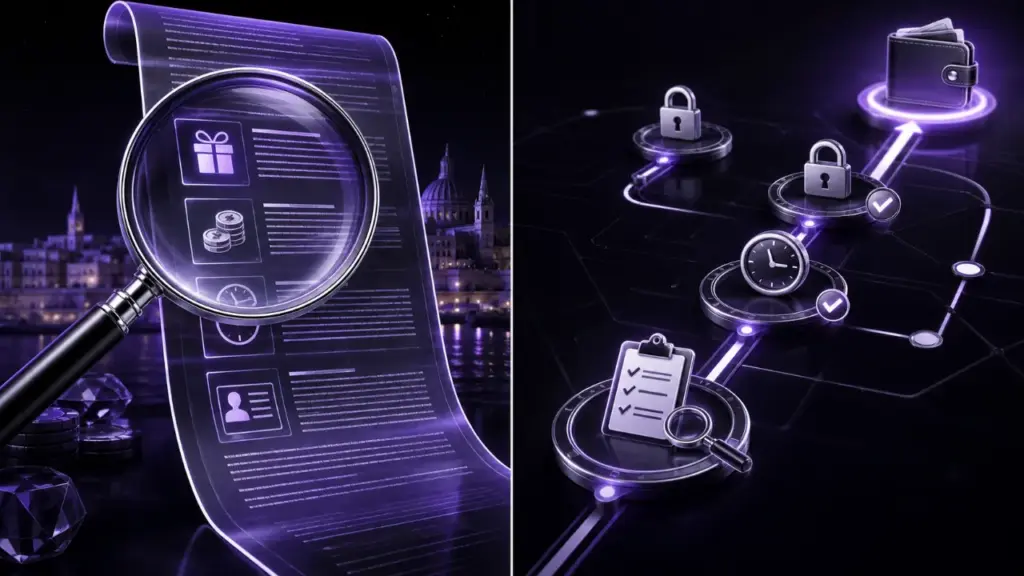 Malta casino terms featured illustration in the purple and black MGA Casinos visual style