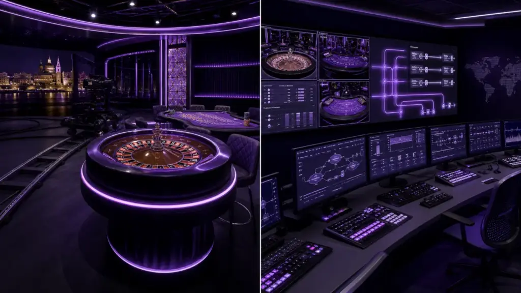 Malta live casinos featured illustration in the purple and black MGA Casinos visual style