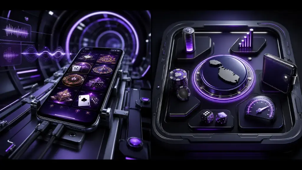 Malta mobile casinos featured illustration in the purple and black MGA Casinos visual style