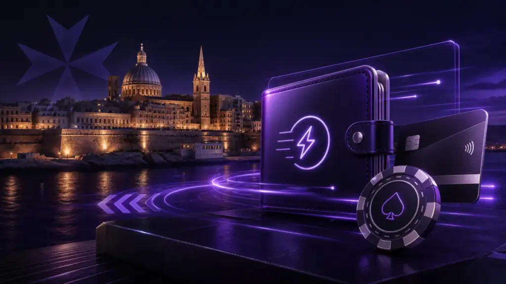 Fast payout Malta casinos illustrated with a rapid digital wallet transfer beside Valletta harbour