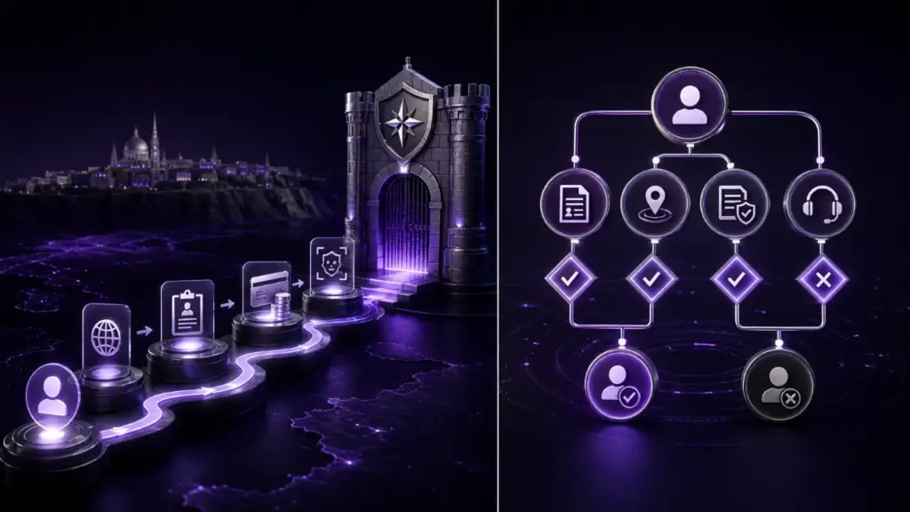 UK player access featured illustration in the purple and black MGA Casinos visual style