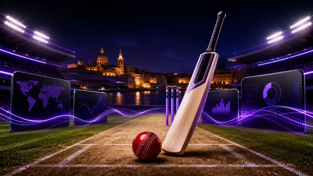 Malta cricket betting sites illustrated with a cricket stadium bat ball and odds panels