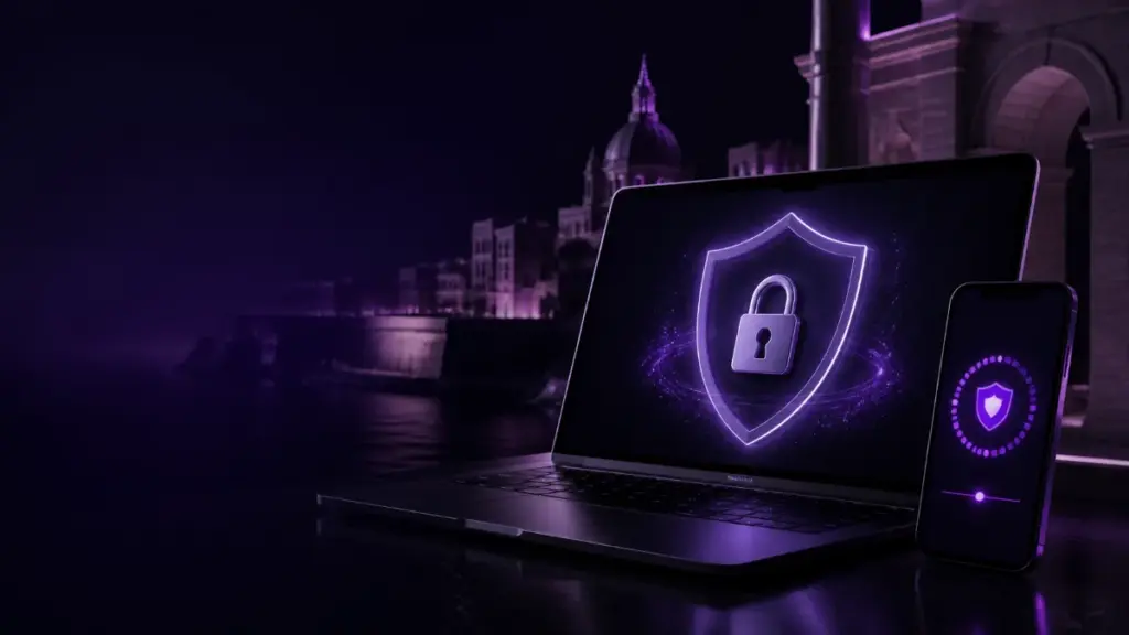 Secure MGA casino account shown on a laptop and phone with shield protection