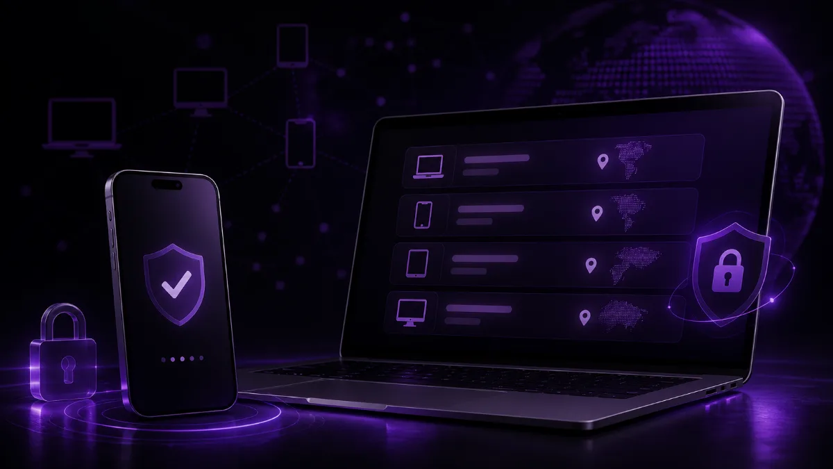 Two-factor authentication and recent login activity shown across a phone and laptop