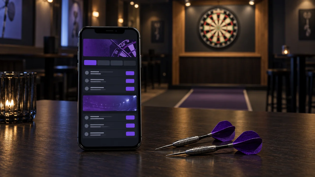 Phone with an illustrative sports interface beside darts