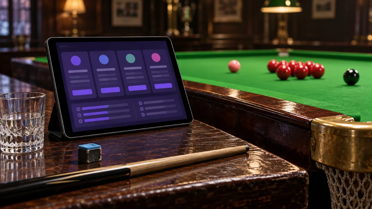 Tablet with abstract comparison panels beside a snooker table