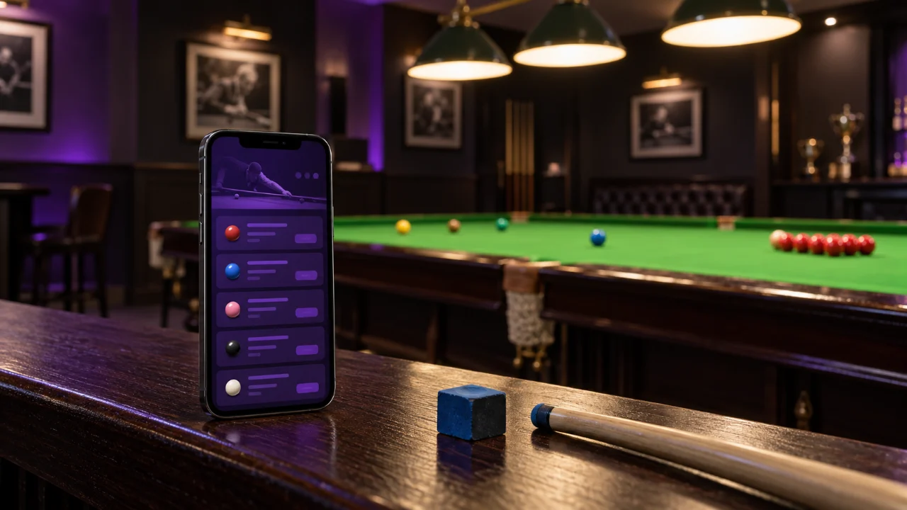 Illustrative sports interface on a phone beside a snooker cue