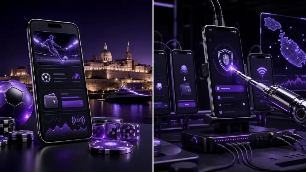Malta betting apps featured illustration in the purple and black MGA Casinos visual style