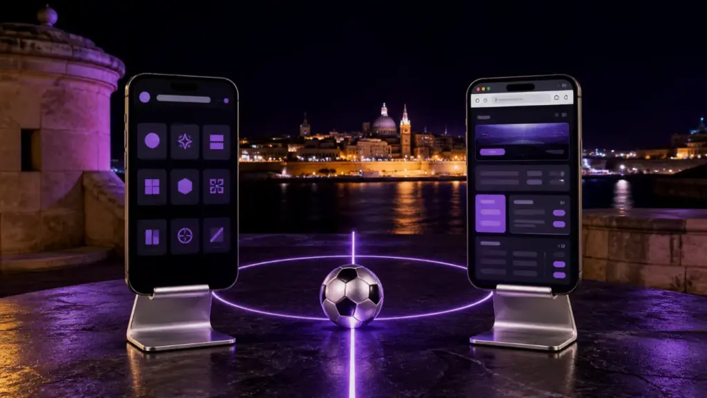 Two phones comparing an MGA betting app and mobile site for Malta football