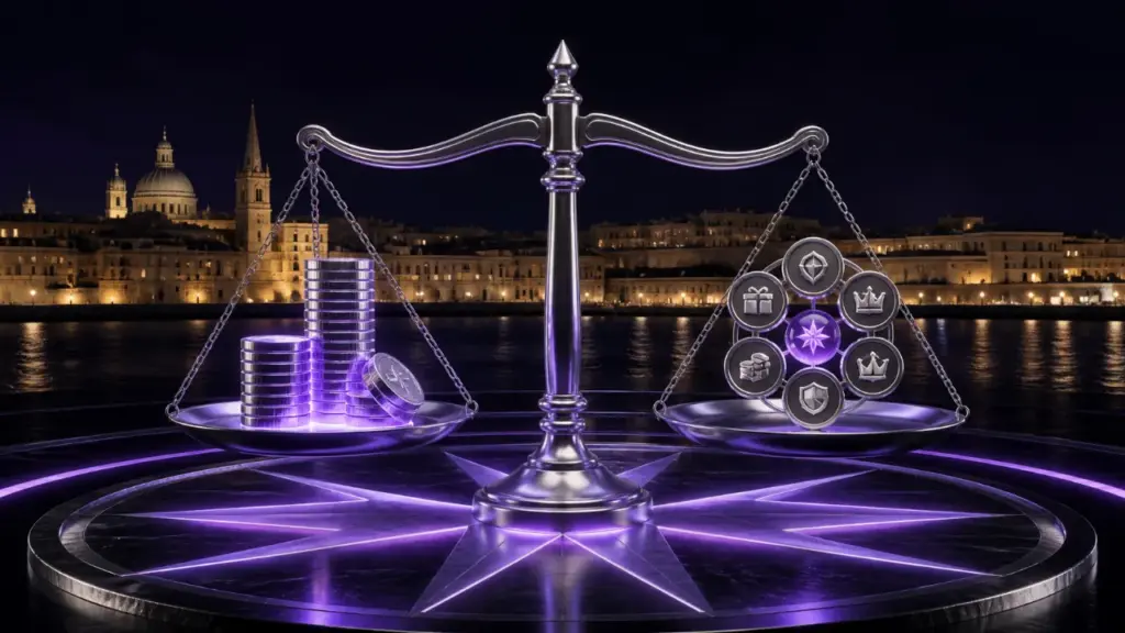 Silver balance scale comparing MGA casino bonus value with seven terms checks