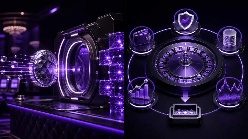 Bitcoin casino payments featured illustration in the purple and black MGA Casinos visual style